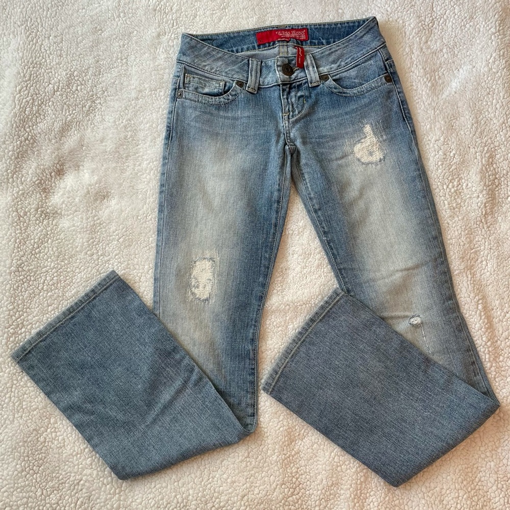 Guess Distressed Denim Stretch Low-Rise Boot Cut Jeans Size 24
